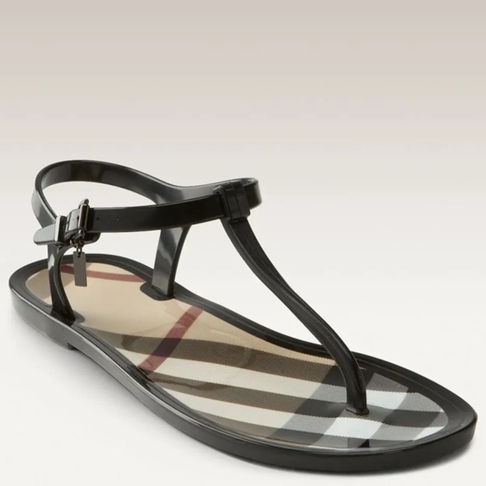 Burberry Black T-Strap Nova Check Jelly Sandal